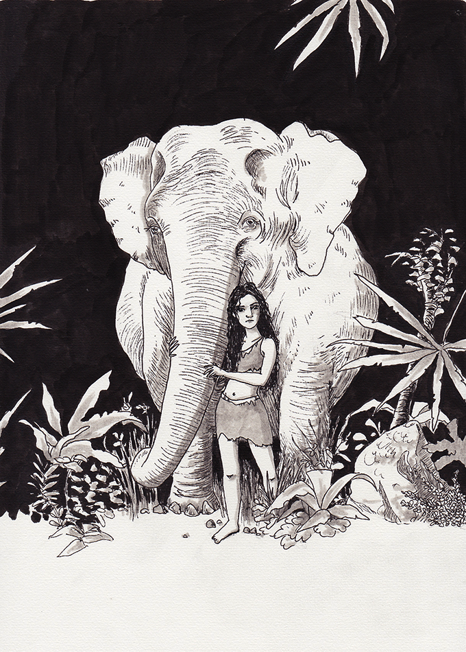 girl with elephant illustration